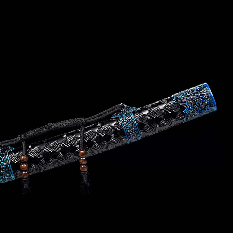 Spring Steel Quenched Full Tang Blue Engrave Blade Samurai Sword with Petals Tsuba - COOLKATANA 