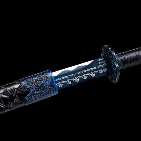 Handmade Spring Steel Katana Sword, Quenched Blue Engrave Blade Samurai Sword, Full Tang, Petals Tsuba-COOLKATANA-QQ-0119-U