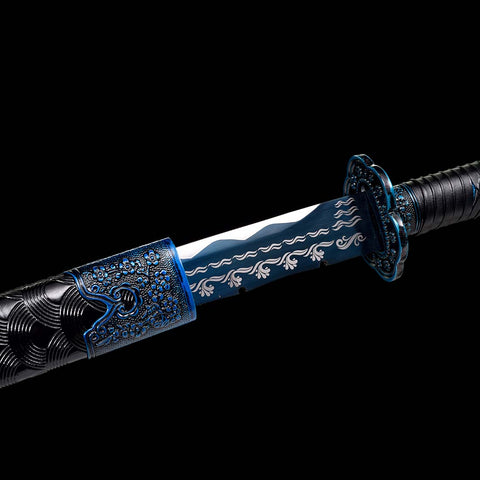 Handmade Spring Steel Katana Sword, Quenched Blue Engrave Blade Samurai Sword, Full Tang, Petals Tsuba-COOLKATANA