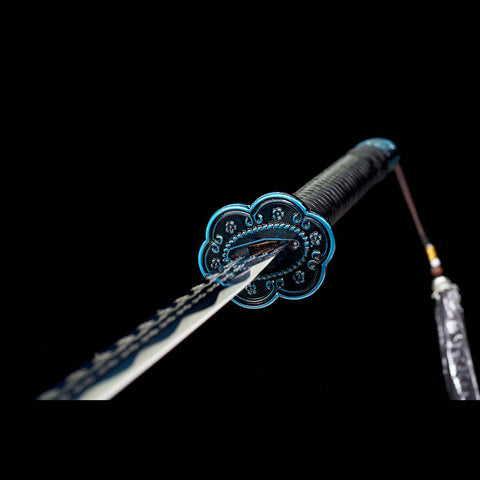 Handmade Spring Steel Katana Sword, Quenched Blue Engrave Blade Samurai Sword, Full Tang, Petals Tsuba-COOLKATANA-QQ-0119-U