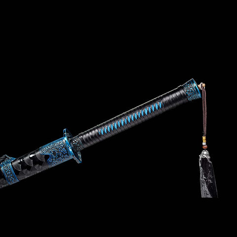 Handmade Spring Steel Katana Sword, Quenched Blue Engrave Blade Samurai Sword, Full Tang, Petals Tsuba-COOLKATANA-QQ-0119-U