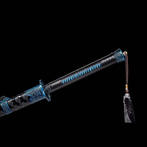 Handmade Spring Steel Katana Sword, Quenched Blue Engrave Blade Samurai Sword, Full Tang, Petals Tsuba-COOLKATANA