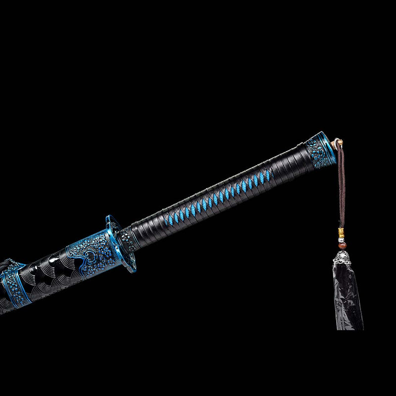 Steel Spring Tang's Spring Steel Quenched Full Tang Blue Engrave Blade Samurai Sword with ...
