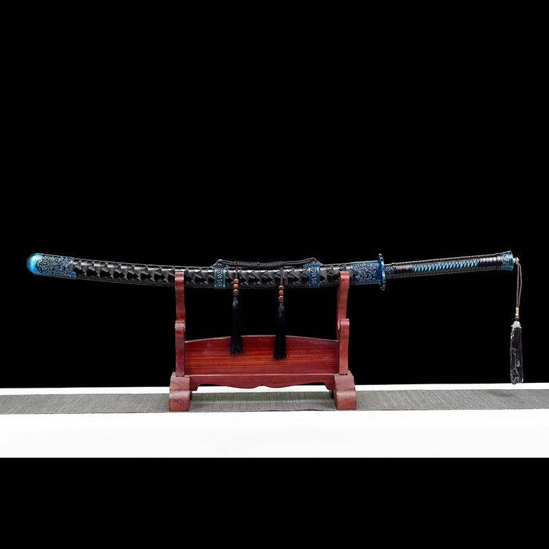 Spring Steel Quenched Full Tang Blue Engrave Blade Samurai Sword with Petals Tsuba - COOLKATANA 