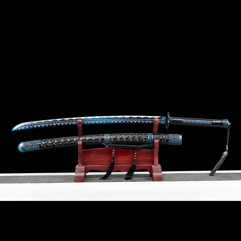 Handmade Spring Steel Quenched Full Tang Blue Engrave Blade Samurai Sword with Petals Tsuba-QQ-0119-U