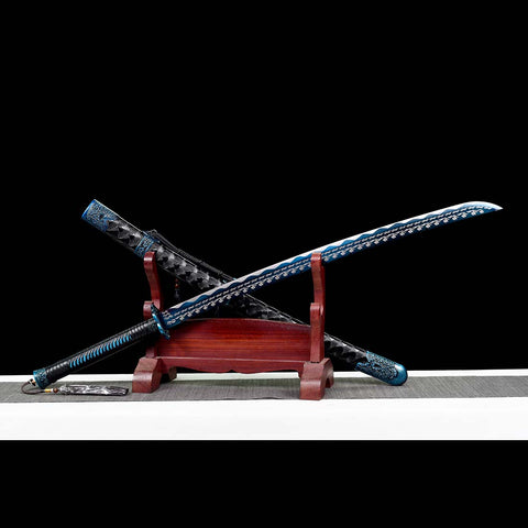 Hand Forged Spring Steel Quenched Full Tang Blue Engrave Blade Samurai Sword with Petals Tsuba-QQ-0119-U