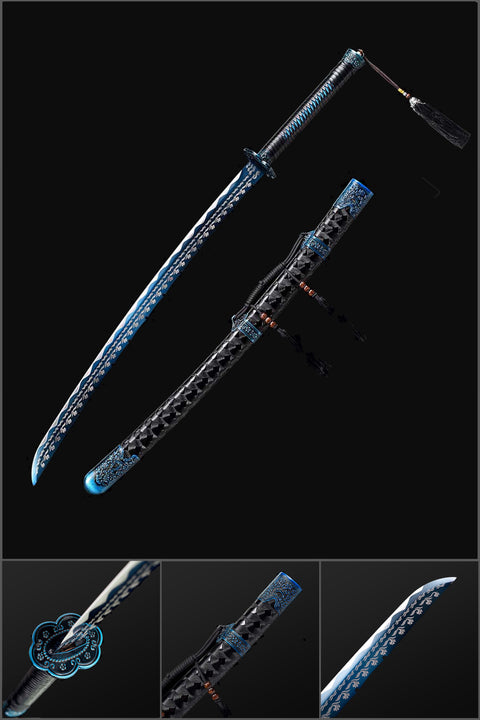 COOLKATANA Spring Steel Quenched Full Tang Blue Engrave Blade Samurai Sword with Petals Tsuba-QQ-0119-U