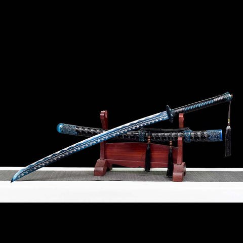 Battle Ready Spring Steel Quenched Full Tang Blue Engrave Blade Samurai Sword with Petals Tsuba-QQ-0119-U