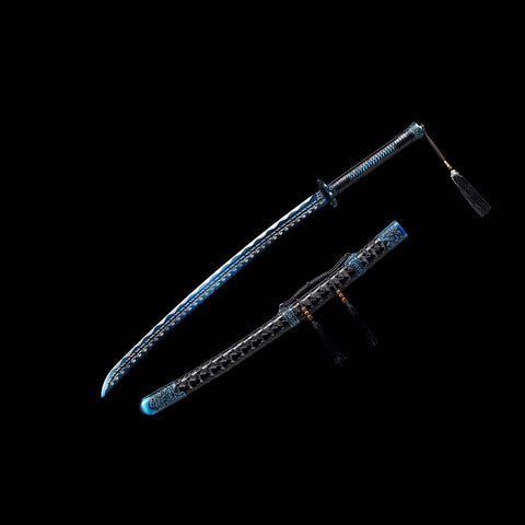 Handmade Spring Steel Katana Sword, Quenched Blue Engrave Blade Samurai Sword, Full Tang, Petals Tsuba-COOLKATANA-QQ-0119-U