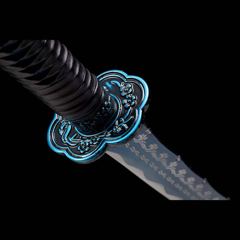 Spring Steel Quenched Full Tang Blue Engrave Blade Katana Sword with Petals Tsuba