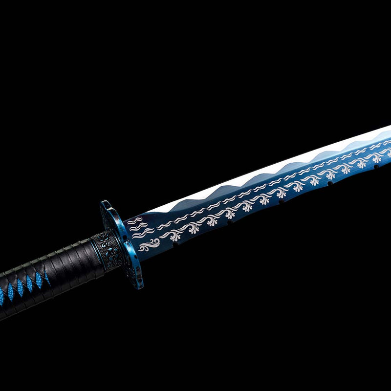Spring Steel Quenched Full Tang Blue Engrave Blade Samurai Sword with Petals Tsuba - COOLKATANA 