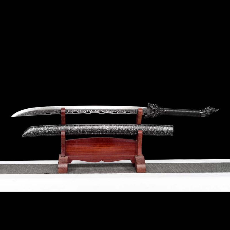 Spring Steel Patterned Full Tang Samurai Katana Sword Hardwood+Leather Saya - COOLKATANA 