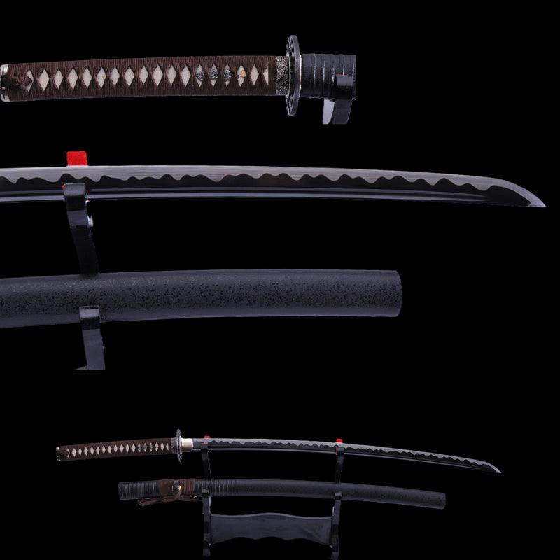 Hand Forged Japanese Samurai Katana Sword 1095 Carbon Steel Black Blade Alloy Tsuba - COOLKATANA 