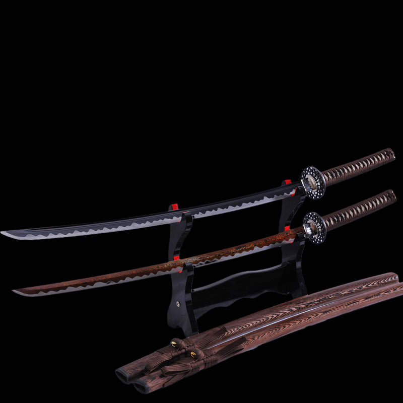 Hand Forged Japanese Samurai Katana Sword 1095 Carbon Steel Black Blade Alloy Tsuba - COOLKATANA 
