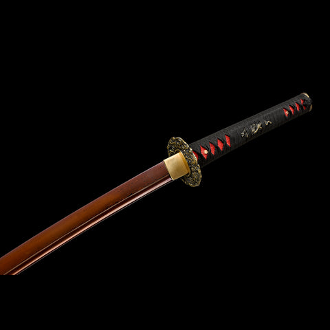 Hand Forged Japanese Samurai Katana Sword Damascus Folded Steel Reddish Black Blade Brass Dragon Tsuba-COOLKATANA