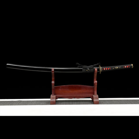 Hand Forged Japanese Samurai Katana Sword Damascus Folded Steel Reddish Black Blade Brass Dragon Tsuba-COOLKATANA