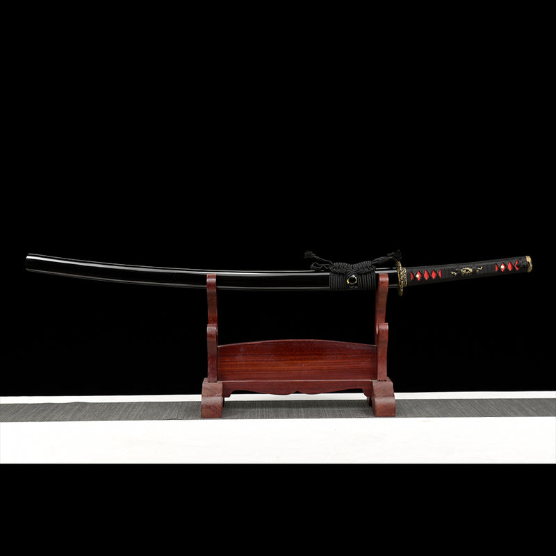 Hand Forged Japanese Samurai Katana Sword Damascus Folded Steel Reddish Black Blade Brass Dragon Tsuba - COOLKATANA 