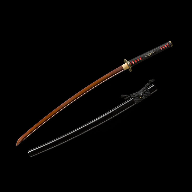 Hand Forged Japanese Samurai Katana Sword Damascus Folded Steel Reddish Black Blade Brass Dragon Tsuba - COOLKATANA 