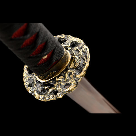 Hand Forged Japanese Samurai Katana Sword Damascus Folded Steel Reddish Black Blade Brass Dragon Tsuba-COOLKATANA