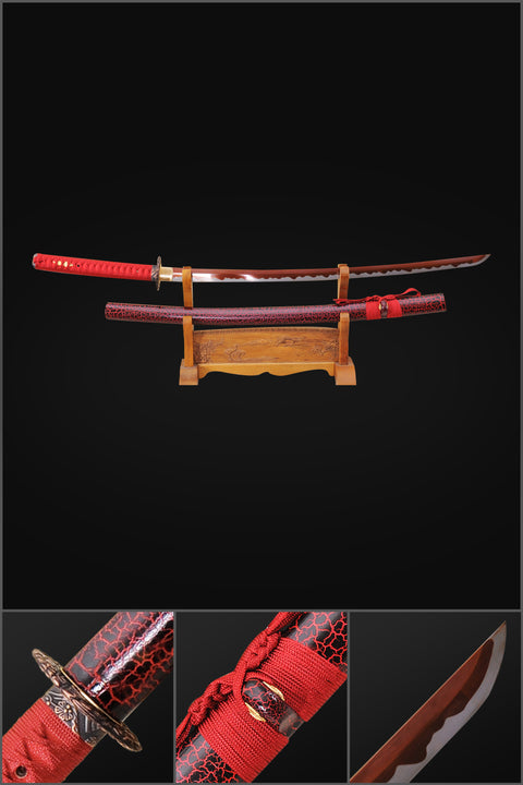 Hand Forged Japanese Samurai Katana Sword 1095 Carbon Steel Red Blade Abrasived Hamon-COOLKATANA