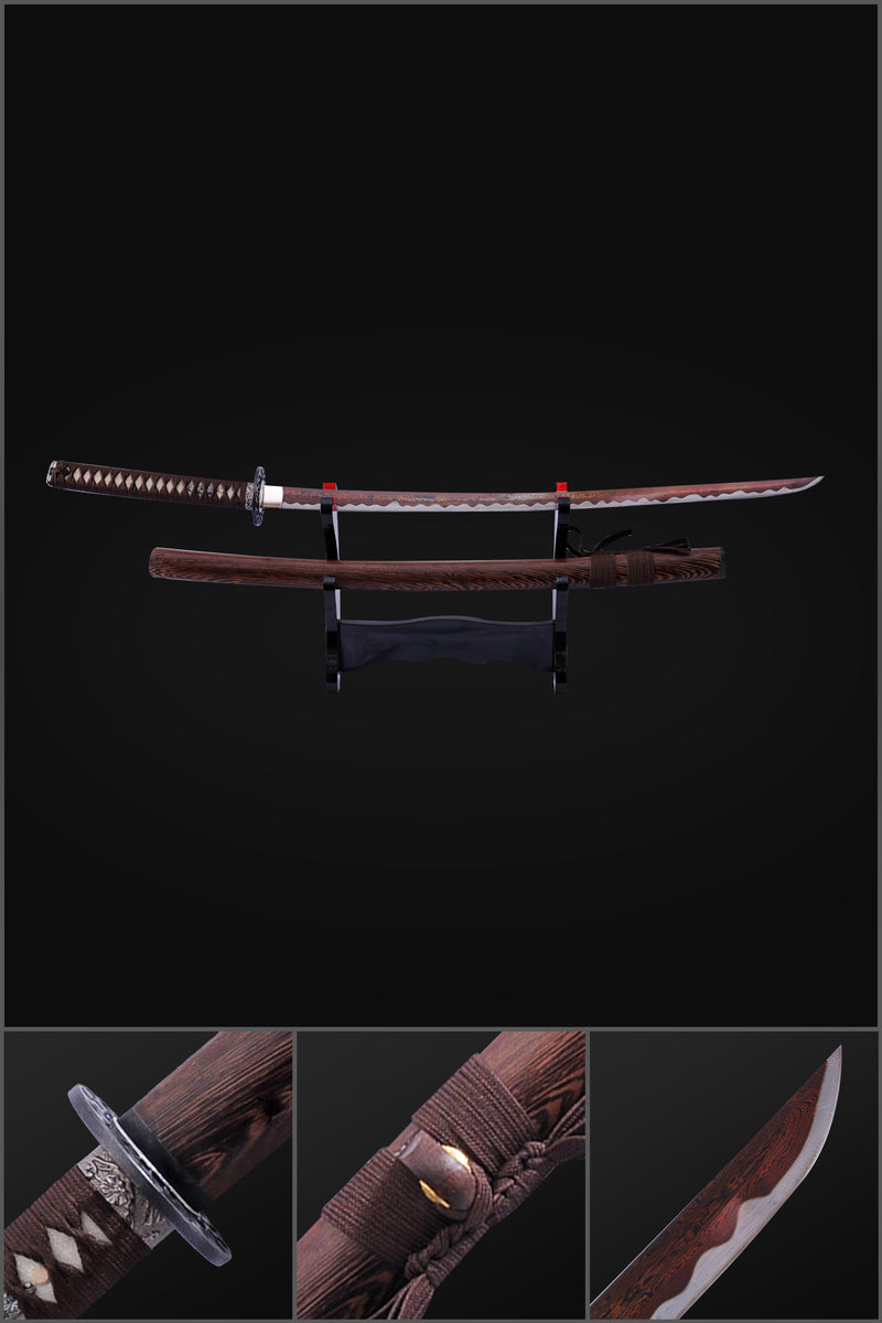 Hand Forged Japanese Samurai Katana Sword Folded Steel Reddish Black Blade Huali Wood Saya - COOLKATANA 