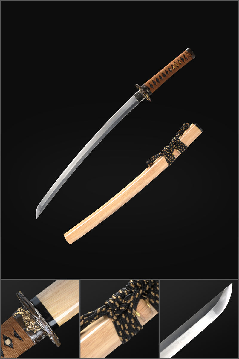 Hand Forged Japanese Wakizashi Sword Feathered-Pattern Folded Steel Copper Tsuba - COOLKATANA 