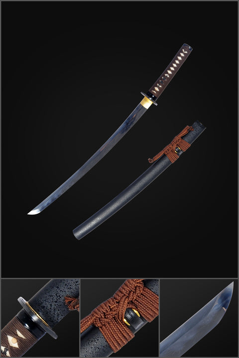 Hand Forged Japanese Wakizashi Sword Folded Steel Clay Tempered Feather Pattern Blade Iron Tsuba Battle Ready-COOLKATANA-SL-1254-U