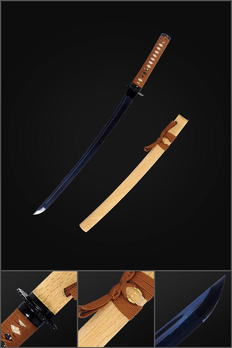 Hand Forged Japanese Wakizashi Sword Blue Blade Folded Steel Iron Tsuba Full Tang Sharp - COOLKATANA 