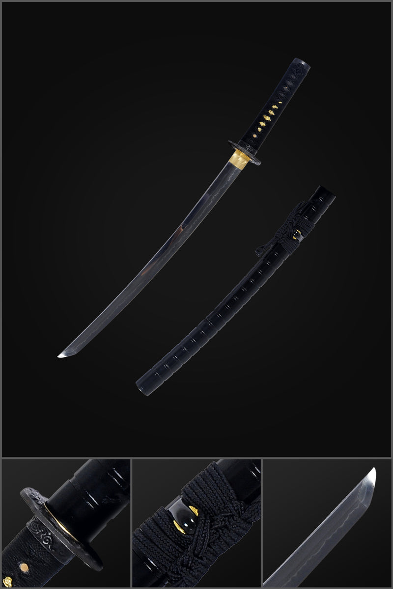 Hand Forged Japanese Wakizashi Sword 1095 High Carbon Steel Clay Tempered Iron Dragon Tsuba - COOLKATANA 