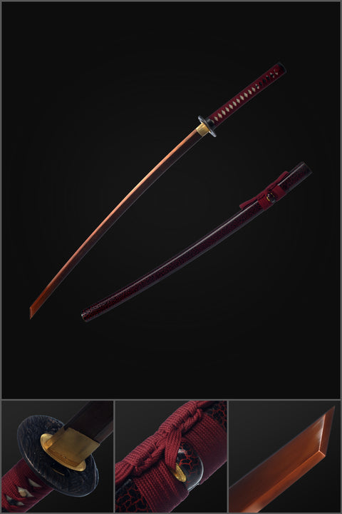 Hand Forged Japanese Samurai Katana Sword 1095 High Carbon Steel Clay Tempered Kiriha-Zukuri Red Blade-COOLKATANA-SL-1305-U