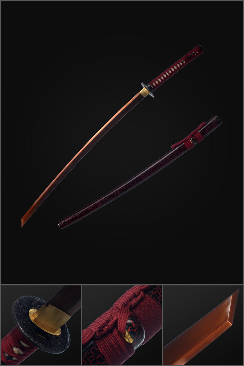 Hand Forged Japanese Samurai Katana Sword 1095 High Carbon Steel Clay Tempered Kiriha-Zukuri Red Blade - COOLKATANA 
