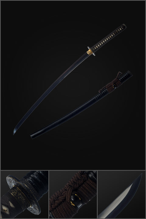 Hand Forged Japanese Samurai Sword UNOKUBI-ZUKURI Katana Folded Steel Clay Tempered Black Blade-COOLKATANA-SL-1306-U