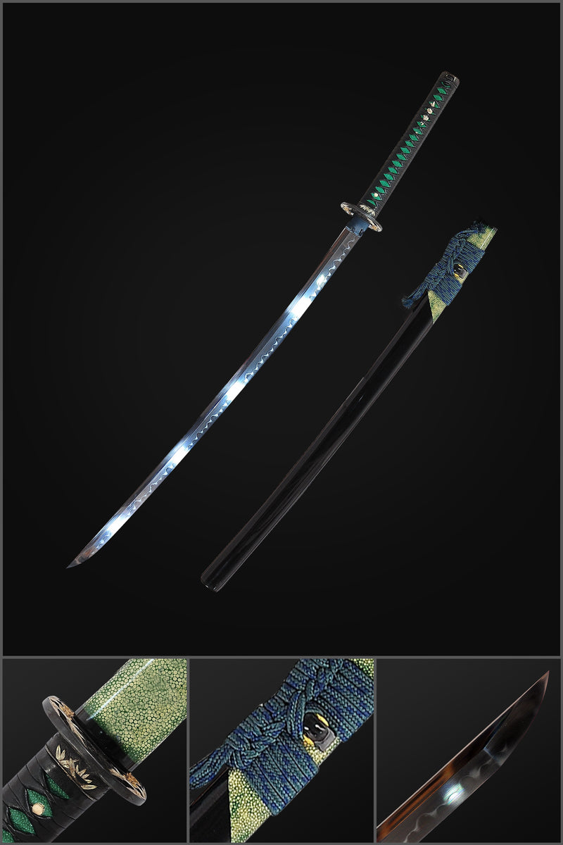 Hand Forged Japanese Samurai Katana Sword 1095 Steel O-Kissaki Clay Tempered Rayskin Saya Bamboo Tsuba - COOLKATANA 
