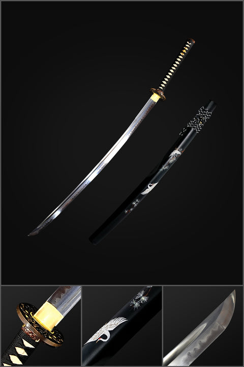 Hand Forged Japanese Samurai Katana Sword 1095 Folded Steel Clay Tempered Hand-Drawn Crane Saya-COOLKATANA-SL-1403-U