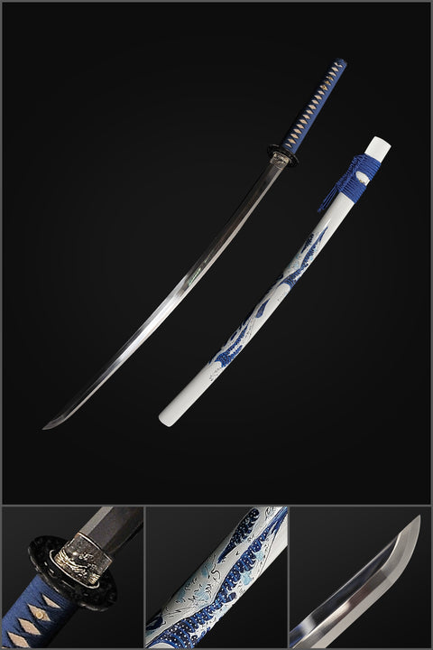 Hand Forged Japanese Samurai Katana Sword 1095 High Carbon Steel Hand-Drawn Wave Saya-COOLKATANA-SL-1404-U