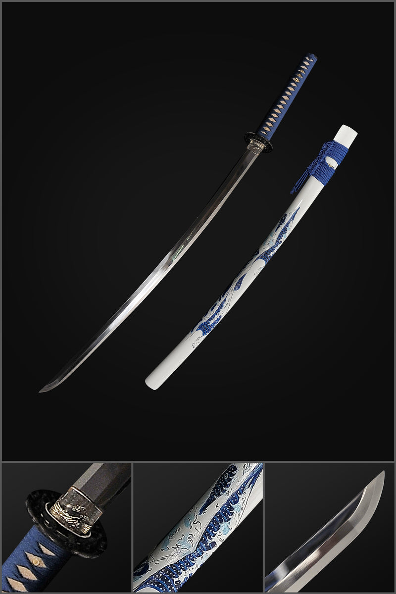 Hand Forged Japanese Samurai Katana Sword 1095 High Carbon Steel Hand-Drawn Wave Saya - COOLKATANA 