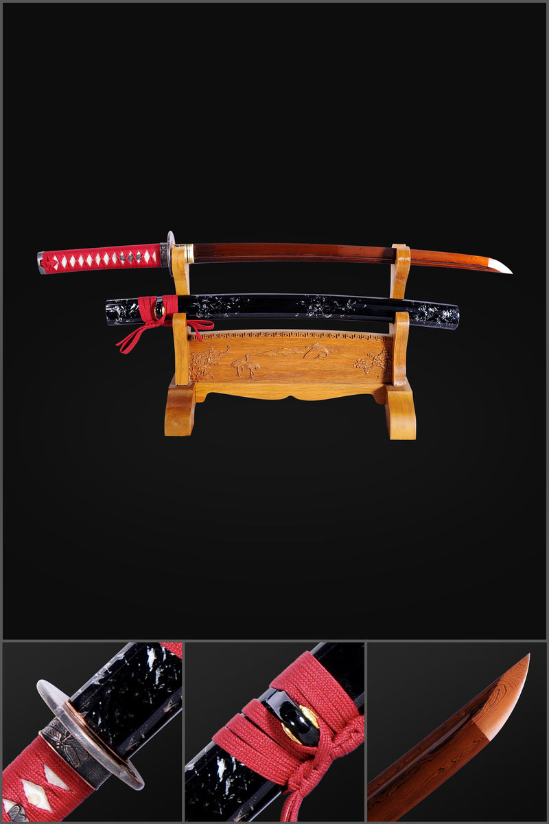 Hand Forged Japanese Wakizashi Sword Folded Steel Reddish Black Blade Full Tang - COOLKATANA 