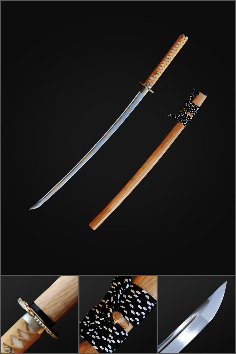 Hand Forged Japanese Samurai Katana Sword Folded Steel Eagle Tsuba FullTang White Wood Saya - COOLKATANA 