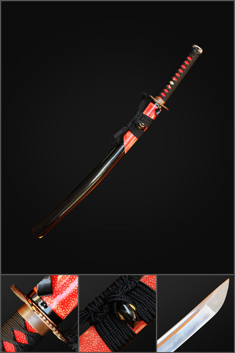 Hand Forged Japanese Wakizashi Sword 1095 Carbon Steel Clay Tempered Rayskin Saya Copper Eagle Tsuba-COOLKATANA-SL-323-U
