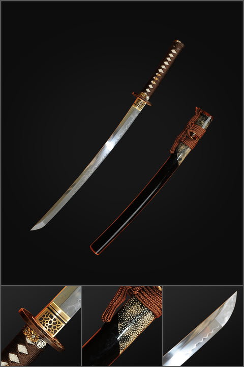 Hand Forged Japanese Wakizashi Sword 1095 Carbon Steel Clay Tempered Rayskin Saya Copper Tsuba-COOLKATANA-SL-325-U