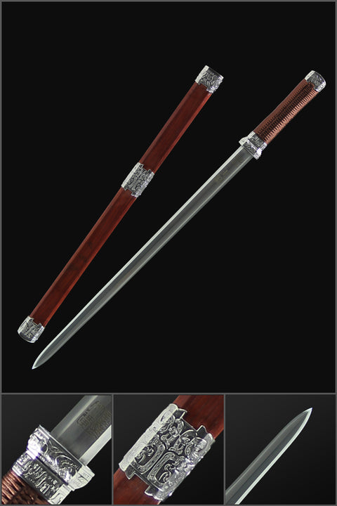 Handmade Chinese Sword Broken Jade Sword Goatxu Jian Folded Steel Eight-sided Blade Redwood Scabbard-COOLKATANA