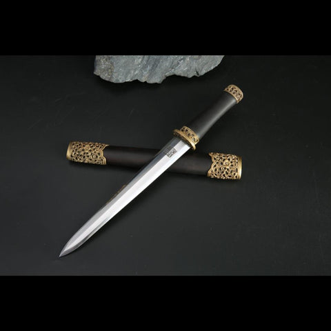 Handmade Chinese Sword Mini Longquan Short Sword Folded Steel Blade Ebony Scabbard-COOLKATANA