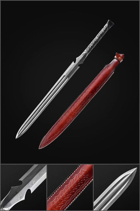 Hand Forged European Sword Spear Sword Folded Steel Red Leather Scabbard-COOLKATANA