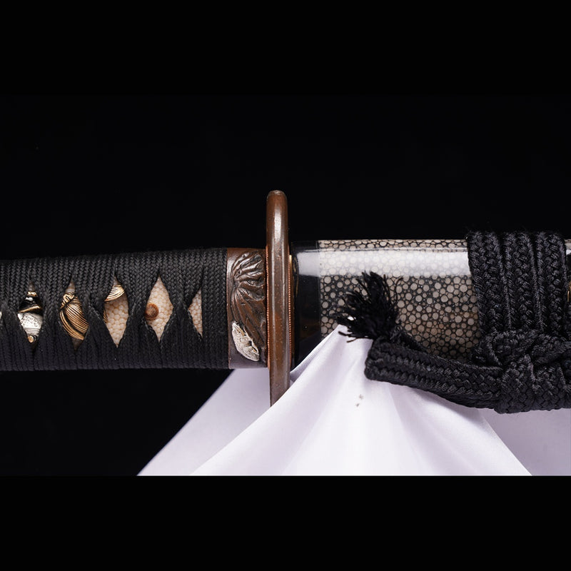 Hand Forged Japanese Samurai Sword Folded Steel Gold Plated Copper/Silver Plated Rayskin Saya Copper Tsuba - COOLKATANA 