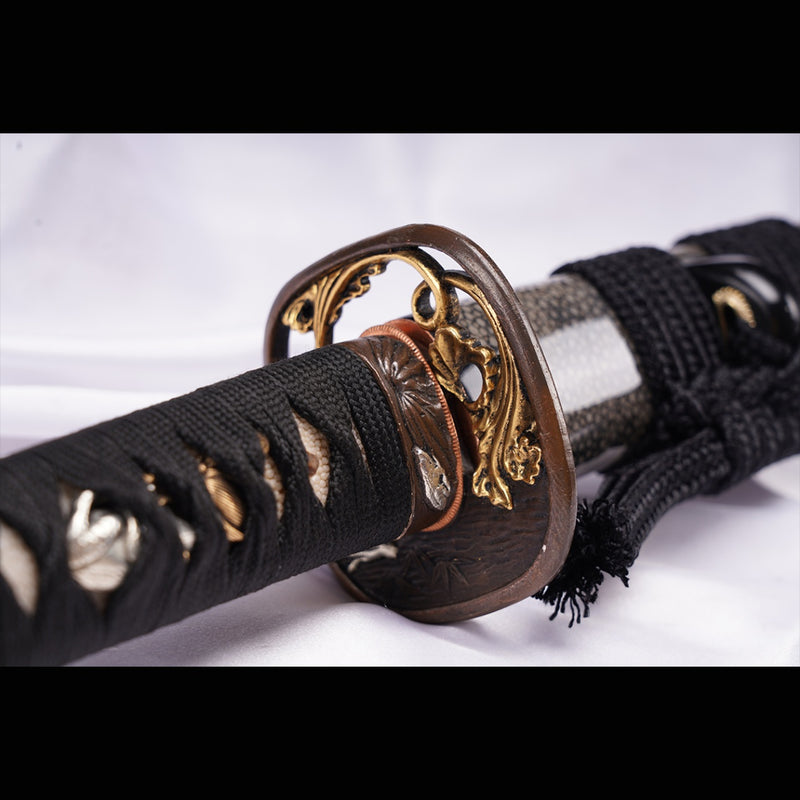 Hand Forged Japanese Samurai Sword Folded Steel Gold Plated Copper/Silver Plated Rayskin Saya Copper Tsuba - COOLKATANA 