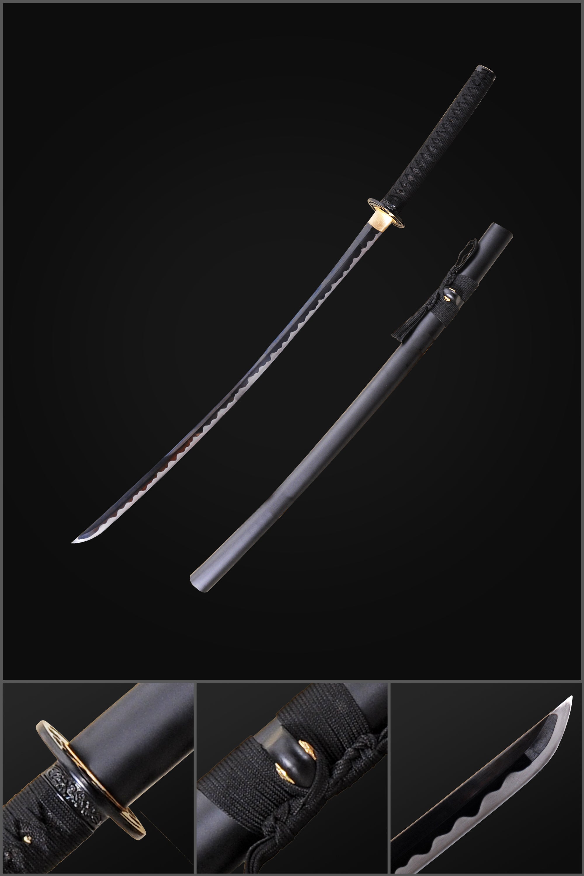 Hand Forged Japanese Samurai Katana Sword 1095 Carbon Steel Black Blade  Fake Hamon Iron Tsuba - COOLKATANA