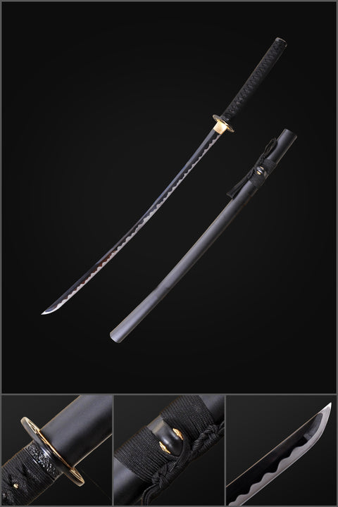 Hand Forged Japanese Samurai Katana Sword 1095 Carbon Steel Black Blade Fake Hamon Iron Tsuba-COOLKATANA-SL-1008-U