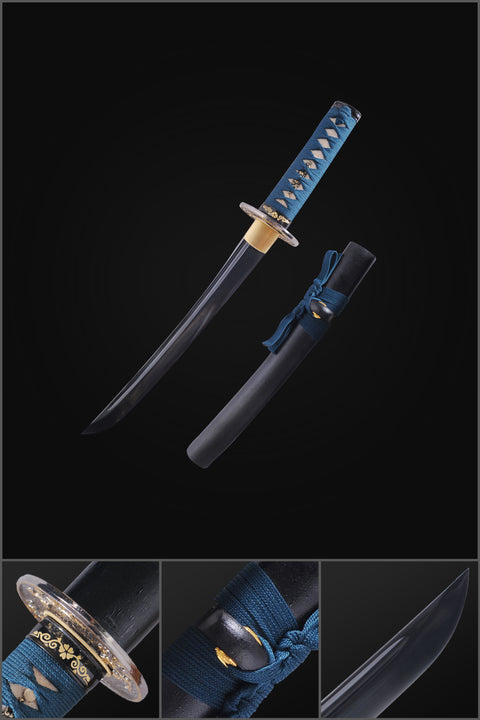 Hand Forged Japanese Tanto Short Sword Damascus Folded Steel Black Blade With Blood Groove-COOLKATANA-SL-1097-U