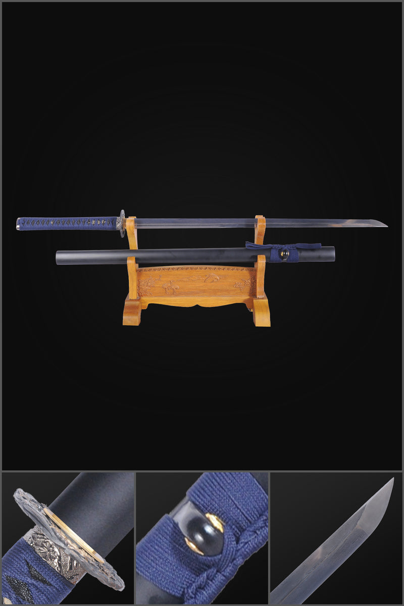 Hand Forged Japanese Ninja Sword Damascus Folded Steel Straight Blade Ninjiato Unokubi-Zukuri - COOLKATANA 