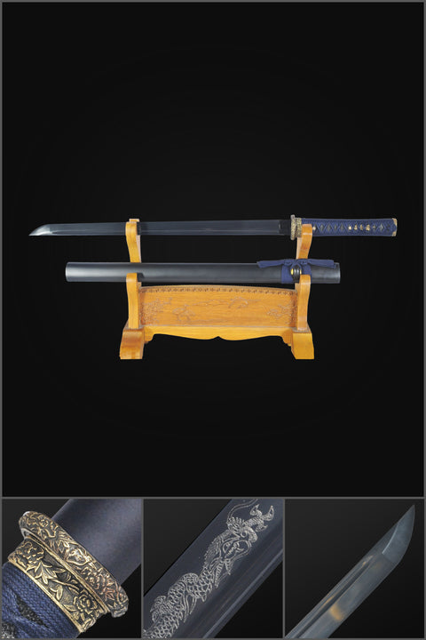 Handmade Japanese Ninja Sword Straight Blade Ninjato Folded Steel Black Blade Brass Tsuba-COOLKATANA-SL-1170-U